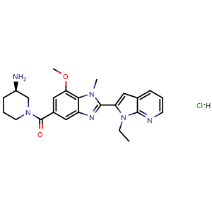 Chemical structure of (R)-(3-aminopiperidin-1-yl)(2-(1-ethyl-1H-pyrrolo[2,3-b]pyridin-2-yl)-7-methoxy-1-methyl-1H-benzo[d]imidazol-5-yl)methanone hydrochloride , CAS 1549811-53-1, AChemBlock U127667