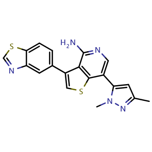 Chemical structure of 3-(5-Benzothiazolyl)-7-(1,3-dimethyl-1H-pyrazol-5-yl)thieno[3,2-c]pyridin-4-amine , CAS 1601496-05-2, AChemBlock U127671