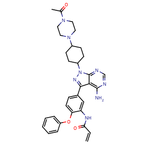 Chemical structure of N-[5-[1-[4-(4-Acetyl-1-piperazinyl)cyclohexyl]-4-amino-1H-pyrazolo[3,4-d]pyrimidin-3-yl]-2-phenoxyphenyl]-2-propenamide , CAS 1603845-32-4, AChemBlock U127672