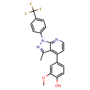 Chemical structure of 2-methoxy-4-(3-methyl-1-(4-(trifluoromethyl)phenyl)-1H-pyrazolo[3,4-b]pyridin-4-yl)phenol , CAS 1638211-04-7, AChemBlock U127679