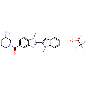 Chemical structure of (3-aminopiperidin-1-yl)(1-methyl-2-(1-methyl-1H-indol-2-yl)-1H-benzo[d]imidazol-5-yl)methanone 2,2,2-trifluoroacetate , CAS 1652591-80-4, AChemBlock U127681