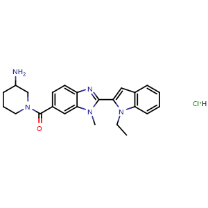 Chemical structure of (3-aminopiperidin-1-yl)(2-(1-ethyl-1H-indol-2-yl)-1-methyl-1H-benzo[d]imidazol-6-yl)methanone hydrochloride , CAS 1652591-82-6, AChemBlock U127682