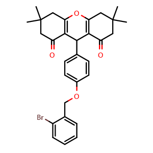 Chemical structure of 9-[4-[(2-Bromophenyl)methoxy]phenyl]-3,4,5,6,7,9-hexahydro-3,3,6,6-tetramethyl-1H-xanthene-1,8(2H)-dione , CAS 1776115-10-6, AChemBlock U127684