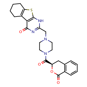 Chemical structure of (R)-2-((4-(1-oxoisochromane-3-carbonyl)piperazin-1-yl)methyl)-5,6,7,8-tetrahydrobenzo[4,5]thieno[2,3-d]pyrimidin-4(1H)-one , CAS 1814881-70-3, AChemBlock U127688