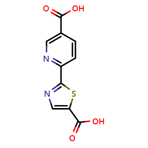 Chemical structure of 6-(5-Carboxy-2-thiazolyl)-3-pyridinecarboxylic acid , CAS 1821370-71-1, AChemBlock U127690