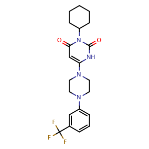 Chemical structure of 2,4(1H,3H)-Pyrimidinedione, 3-cyclohexyl-6-[4-[3-(trifluoromethyl)phenyl]-1-piperazinyl] , CAS 1883548-87-5, AChemBlock U127694