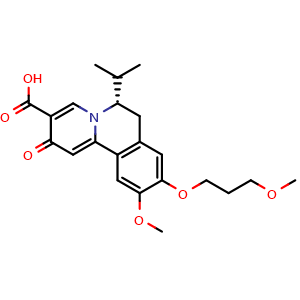 Chemical structure of (6S)-6,7-Dihydro-10-methoxy-9-(3-methoxypropoxy)-6-(1-methylethyl)-2-oxo-2H-benzo[a]quinolizine-3-carboxylic acid , CAS 2072057-17-9, AChemBlock U127699