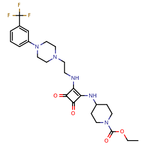 Chemical structure of 1-Piperidinecarboxylic acid, 4-[[3,4-dioxo-2-[[2-[4-[3-(trifluoromethyl)phenyl]-1-piperazinyl]ethyl]amino]-1-cyclobuten-1-yl]amino]-, ethyl ester , CAS 2101958-02-3, AChemBlock U127700