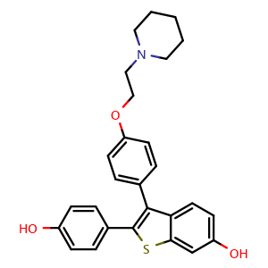Chemical structure of 2-(4-Hydroxyphenyl)-3-[4-[2-(1-piperidinyl)ethoxy]phenyl]benzo[b]thiophene-6-ol , CAS 216570-81-9, AChemBlock U127703