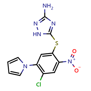 Chemical structure of 1H-1,2,4-Triazol-3-amine, 5-[[4-chloro-2-nitro-5-(1H-pyrrol-1-yl)phenyl]thio] , CAS 302901-13-9, AChemBlock U127706