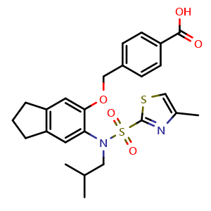 Chemical structure of 4-(((6-((N-isobutyl-4-methylthiazole)-2-sulfonamido)-2,3-dihydro-1H-inden-5-yl)oxy)methyl)benzoic acid , CAS 459841-96-4, AChemBlock U127719