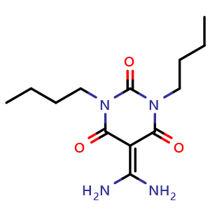 Chemical structure of 1,3-Dibutyl-5-(diaminomethylene)-2,4,6(1H,3H,5H)-pyrimidinetrione , CAS 862907-48-0, AChemBlock U127736