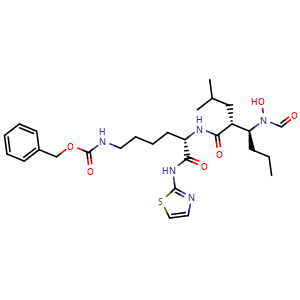 Chemical structure of benzyl ((S)-5-((2R,3S)-3-(N-hydroxyformamido)-2-isobutylhexanamido)-6-oxo-6-(thiazol-2-ylamino)hexyl)carbamate , CAS 866924-39-2, AChemBlock U127740