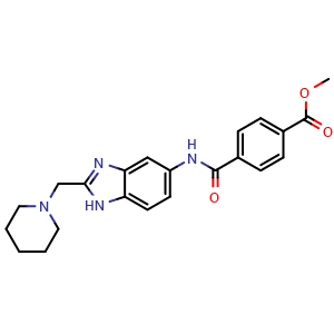 Chemical structure of Methyl 4-((2-(piperidin-1-ylmethyl)-1H-benzo[d]imidazol-5-yl)carbamoyl)benzoate , CAS 878415-59-9, AChemBlock U127742