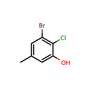 Chemical structure of 3-Bromo-2-chloro-5-methylphenol , CAS 2092623-34-0, AChemBlock U128371