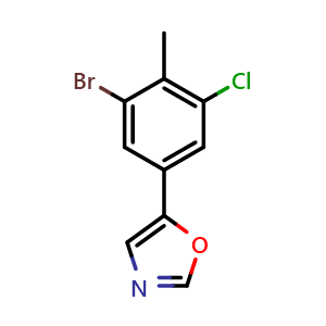 Chemical structure of 5-(3-bromo-5-chloro-4-methylphenyl)oxazole , CAS 2364585-27-1, AChemBlock U128480