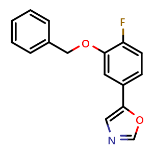 Chemical structure of 5-(3-(benzyloxy)-4-fluorophenyl)oxazole , CAS 2364585-34-0, AChemBlock U128487