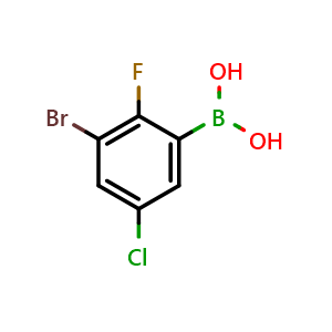Chemical structure of 3-Bromo-5-chloro-2-fluorophenylboronic acid , CAS 2377608-61-0, AChemBlock U128496