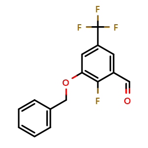 Chemical structure of 3-(Benzyloxy)-2-fluoro-5-(trifluoromethyl)benzaldehyde , CAS 2379322-26-4, AChemBlock U128599