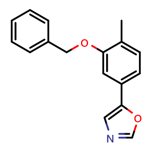 Chemical structure of 5-(3-(benzyloxy)-4-methylphenyl)oxazole , CAS 2379322-63-9, AChemBlock U128629