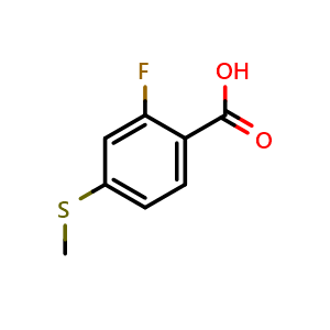 Chemical structure of 2-Fluoro-4-(methylthio)benzoic acid , CAS 57319-21-8, AChemBlock U128746