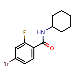 Chemical structure of 4-Bromo-N-cyclohexyl-2-fluorobenzamide , CAS 736989-94-9, AChemBlock U128796