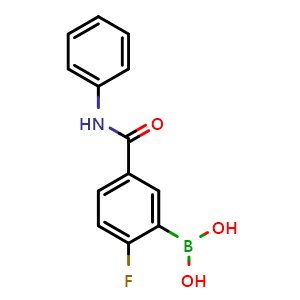 Chemical structure of 2-Fluoro-5-(phenylcarbamoyl)phenylboronic acid , CAS 874289-41-5, AChemBlock U128859