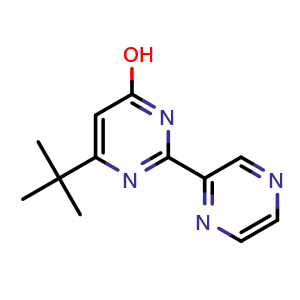 Chemical structure of 6-(tert-butyl)-2-(pyrazin-2-yl)pyrimidin-4-ol , CAS 1019017-26-5, AChemBlock U128974