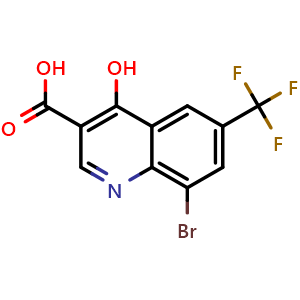 Chemical structure of 8-bromo-4-hydroxy-6-(trifluoromethyl)quinoline-3-carboxylic acid , CAS 1065093-77-7, AChemBlock U129042