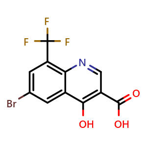 Chemical structure of 6-bromo-4-hydroxy-8-(trifluoromethyl)quinoline-3-carboxylic acid , CAS 1065093-84-6, AChemBlock U129043