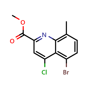 Chemical structure of methyl 5-bromo-4-chloro-8-methylquinoline-2-carboxylate , CAS 1133115-60-2, AChemBlock U129107