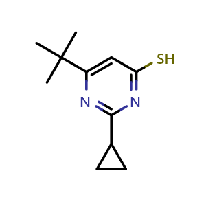 Chemical structure of 6-(tert-butyl)-2-cyclopropylpyrimidine-4-thiol , CAS 1133122-94-7, AChemBlock U129109