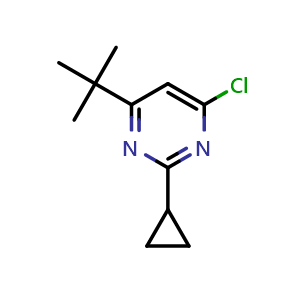 Chemical structure of 4-(tert-butyl)-6-chloro-2-cyclopropylpyrimidine , CAS 1133122-95-8, AChemBlock U129110