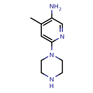 Chemical structure of 4-methyl-6-(piperazin-1-yl)pyridin-3-amine , CAS 1216045-21-4, AChemBlock U129259