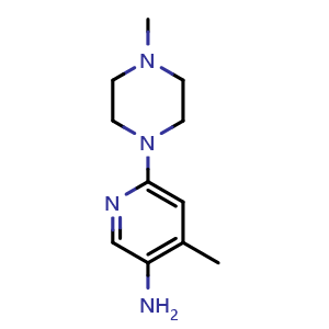 Chemical structure of 4-methyl-6-(4-methylpiperazin-1-yl)pyridin-3-amine , CAS 1216233-69-0, AChemBlock U129261
