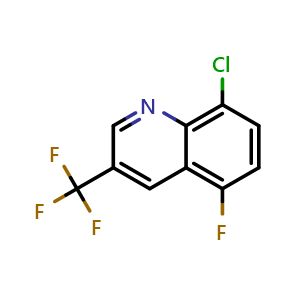 Chemical structure of 8-chloro-5-fluoro-3-(trifluoromethyl)quinoline , CAS 1227293-41-5, AChemBlock U129283