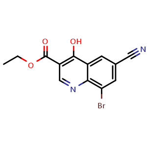 Chemical structure of ethyl 8-bromo-6-cyano-4-hydroxyquinoline-3-carboxylate , CAS 1233518-56-3, AChemBlock U129320