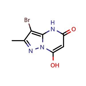 Chemical structure of 3-bromo-7-hydroxy-2-methylpyrazolo[1,5-a]pyrimidin-5(4H)-one , CAS 1310320-89-8, AChemBlock U129489