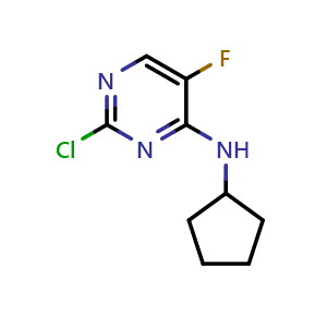 Chemical structure of 2-chloro-N-cyclopentyl-5-fluoropyrimidin-4-amine , CAS 1338495-23-0, AChemBlock U129517