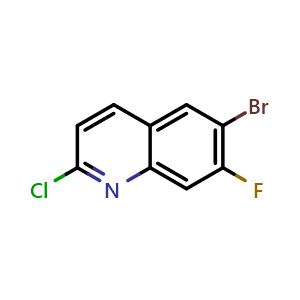 Chemical structure of 6-bromo-2-chloro-7-fluoroquinoline , CAS 1354954-57-6, AChemBlock U129558