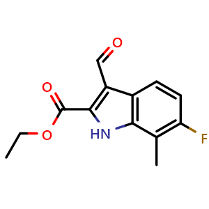 Chemical structure of ethyl 6-fluoro-3-formyl-7-methyl-1H-indole-2-carboxylate , CAS 1360946-77-5, AChemBlock U129609