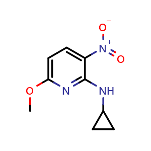 Chemical structure of N-cyclopropyl-6-methoxy-3-nitropyridin-2-amine , CAS 1551755-07-7, AChemBlock U129925