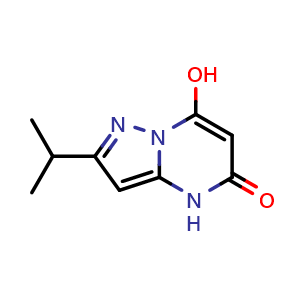 Chemical structure of 7-hydroxy-2-isopropylpyrazolo[1,5-a]pyrimidin-5(4H)-one , CAS 1564810-30-5, AChemBlock U129953