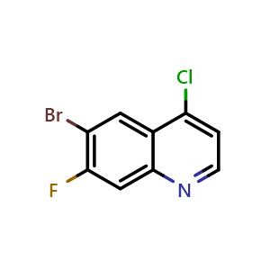 Chemical structure of 6-bromo-4-chloro-7-fluoroquinoline , CAS 1566994-56-6, AChemBlock U129963