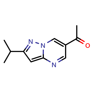 Chemical structure of 1-(2-isopropylpyrazolo[1,5-a]pyrimidin-6-yl)ethan-1-one , CAS 1780936-92-6, AChemBlock U130125