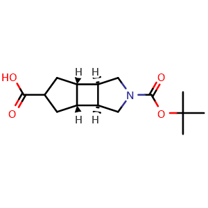 Chemical structure of (3aR,3bS,6aR,6bS)-2-(tert-butoxycarbonyl)decahydrocyclopenta[3,4]cyclobuta[1,2-c]pyrrole-5-carboxylic acid , CAS 2137102-10-2, AChemBlock U130529