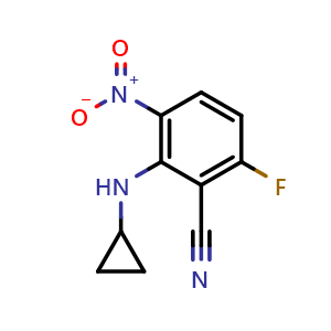 Chemical structure of 2-(cyclopropylamino)-6-fluoro-3-nitrobenzonitrile , CAS 2149185-13-5, AChemBlock U130540