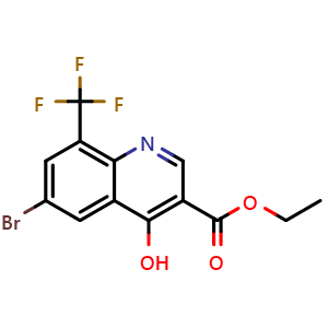 Chemical structure of ethyl 6-bromo-4-hydroxy-8-(trifluoromethyl)quinoline-3-carboxylate , CAS 228728-39-0, AChemBlock U130630