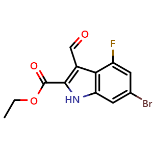 Chemical structure of ethyl 6-bromo-4-fluoro-3-formyl-1H-indole-2-carboxylate , CAS 586336-92-7, AChemBlock U131016