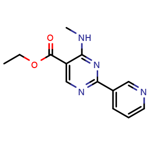 Chemical structure of ethyl 4-(methylamino)-2-(pyridin-3-yl)pyrimidine-5-carboxylate , CAS 823795-06-8, AChemBlock U131205
